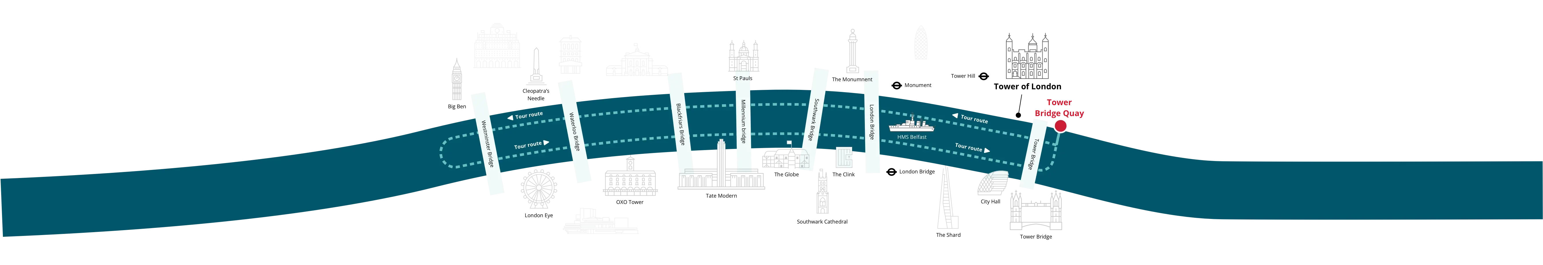 Map of the River Thames showing the official Tower of London tour route